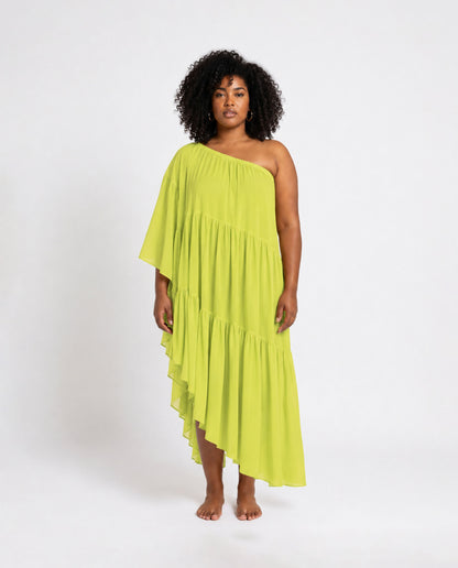 Lime Cascade One-Shoulder Dress