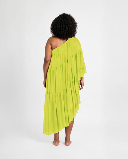 Lime Cascade One-Shoulder Dress