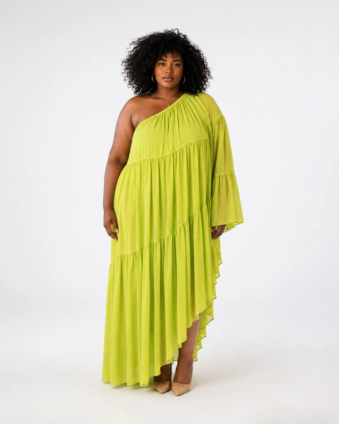 Lime Cascade One-Shoulder Dress