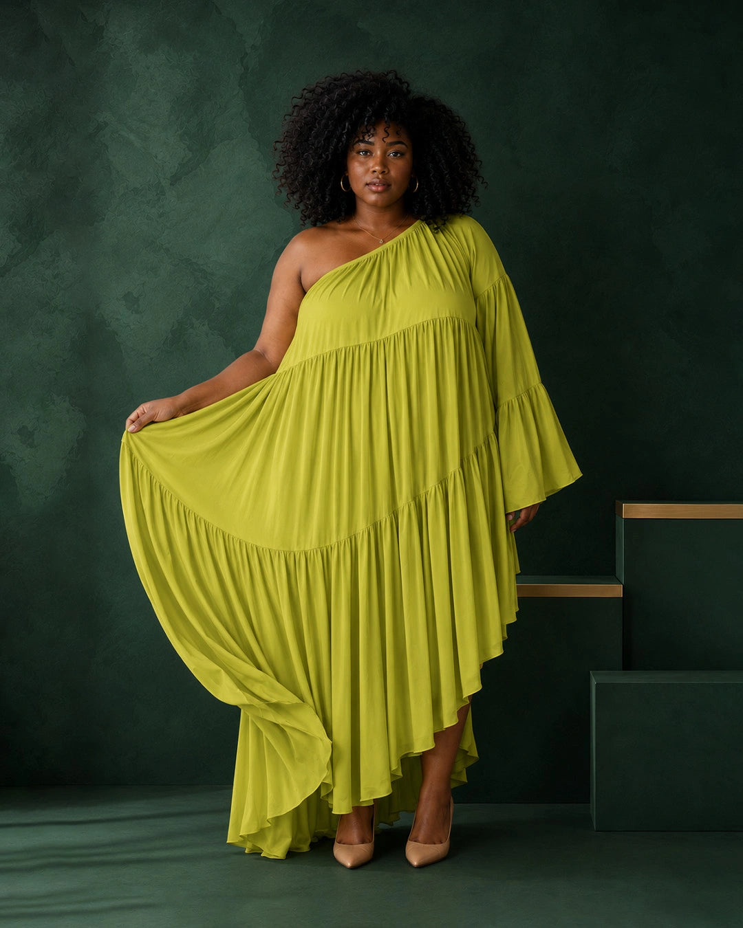 Lime Cascade One-Shoulder Dress