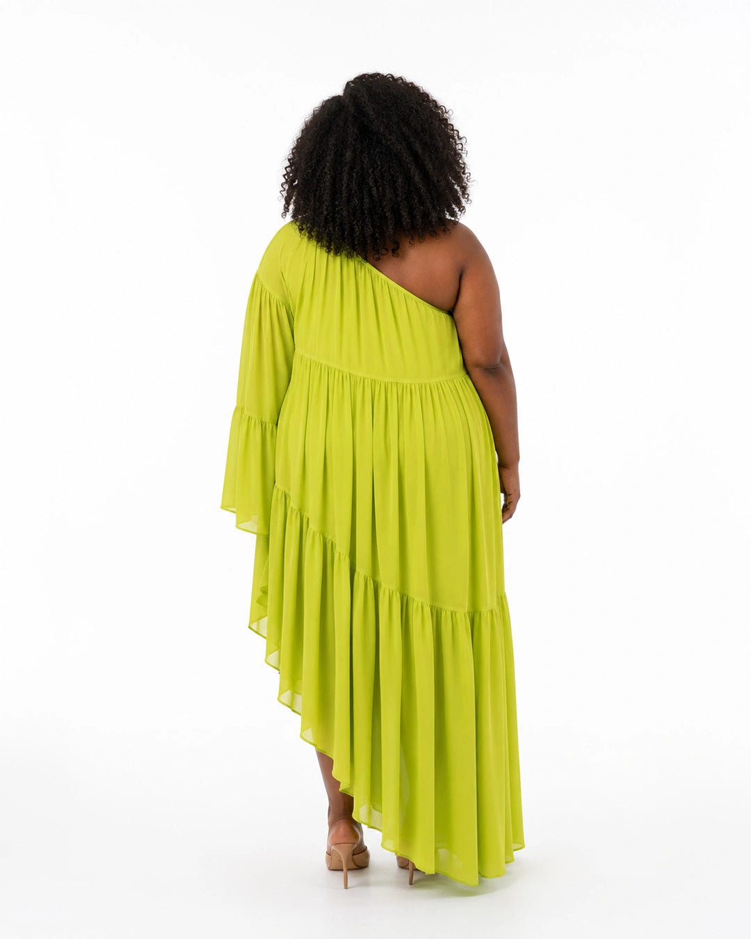 Lime Cascade One-Shoulder Dress